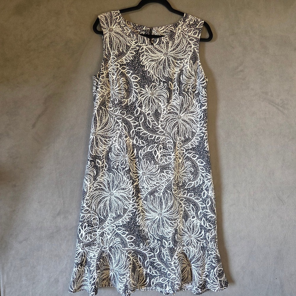 Kim Rogers Linen Shift Dress Women Size 12 Floral Ruffle Hem Coastal Mod